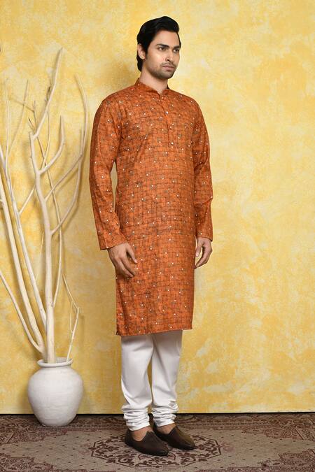 Arihant Rai Sinha_Brown , Satin Checkered Print Kurta Set _at_Aza_Fashions