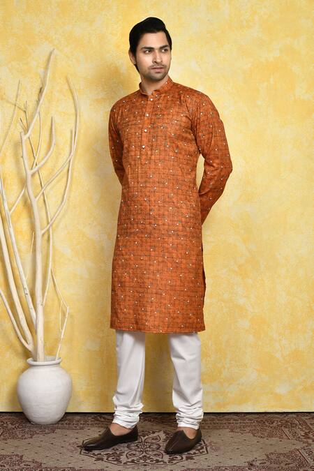 Buy_Arihant Rai Sinha_Brown , Satin Checkered Print Kurta Set 