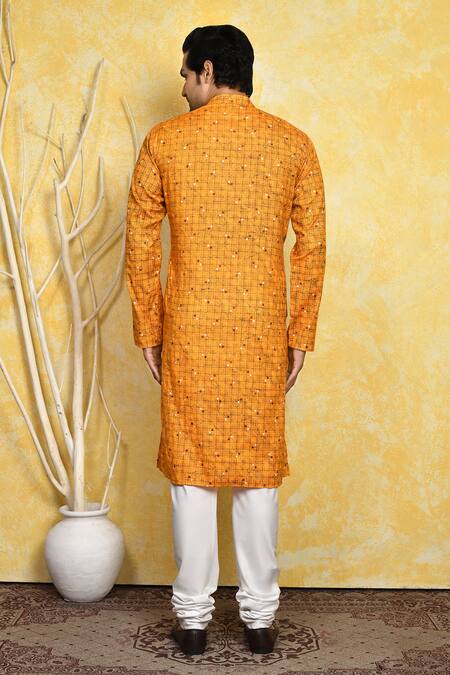 Shop_Arihant Rai Sinha_Yellow Cotton Geometric Print Kurta Set _at_Aza_Fashions