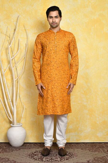 Buy_Arihant Rai Sinha_Yellow Cotton Geometric Print Kurta Set _Online_at_Aza_Fashions