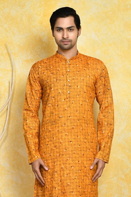 Shop Arihant Rai Sinha Yellow Cotton Geometric Print Kurta Set Online at Aza Fashions Shop_Arihant Rai Sinha_Yellow Cotton Geometric Print Kurta Set _Online_at_Aza_Fashions