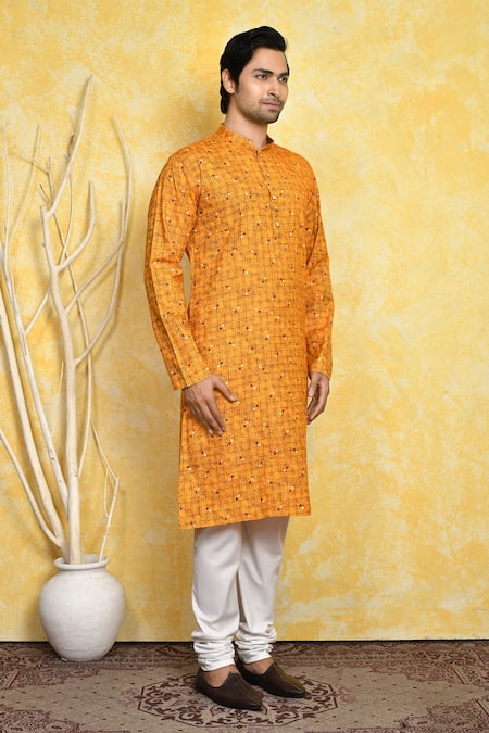 Arihant Rai Sinha_Yellow Cotton Geometric Print Kurta Set _at_Aza_Fashions