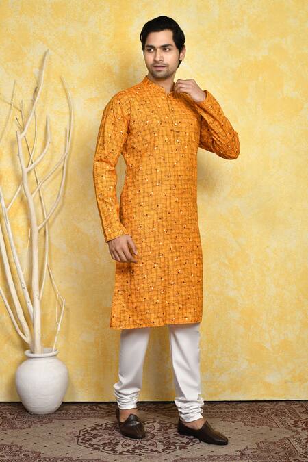 Buy_Arihant Rai Sinha_Yellow Cotton Geometric Print Kurta Set 