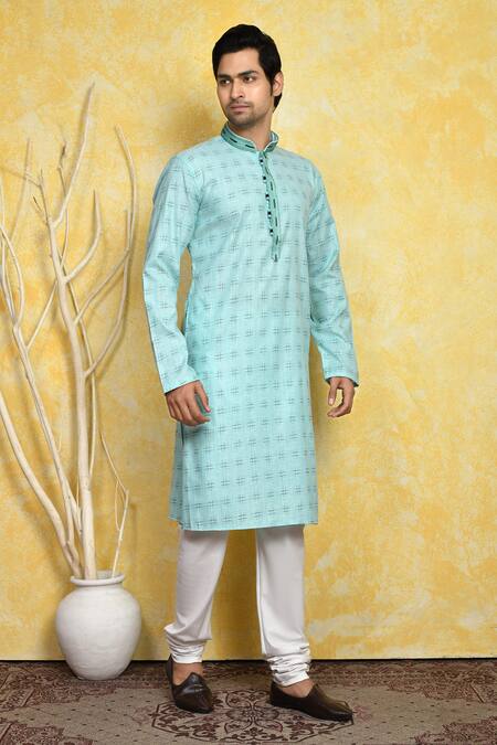 Arihant Rai Sinha_Blue Cotton Embroidery Hashtag Print Kurta And Churidar Set _at_Aza_Fashions