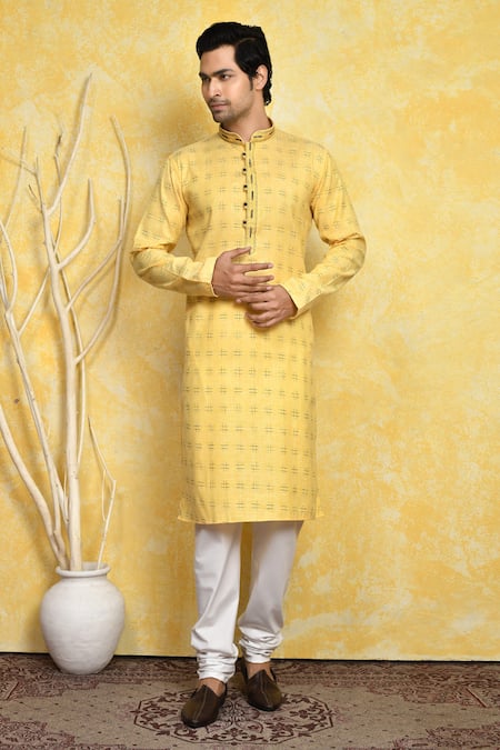 Arihant Rai Sinha Yellow Kurta Cotton Printed Hashtag Mandarin Collar Set 