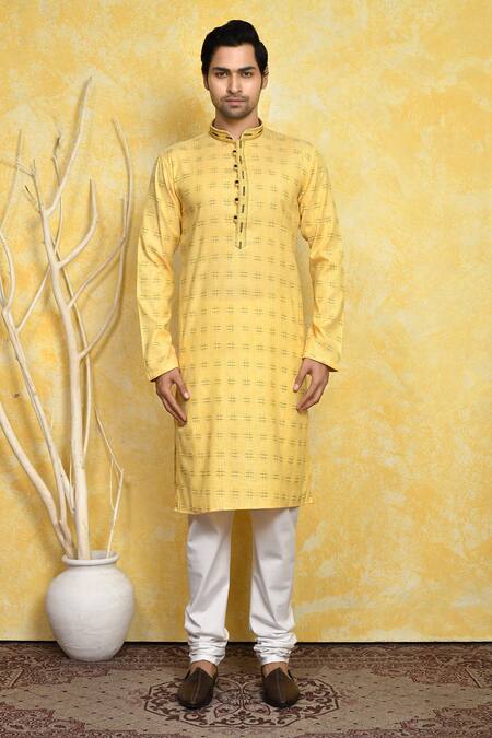 Buy_Arihant Rai Sinha_Yellow Cotton Mandarin Collar Printed Kurta Set _Online_at_Aza_Fashions