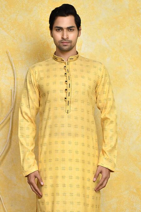 Shop Arihant Rai Sinha Yellow Cotton Mandarin Collar Printed Kurta Set Online at Aza Fashions Shop_Arihant Rai Sinha_Yellow Cotton Mandarin Collar Printed Kurta Set _Online_at_Aza_Fashions