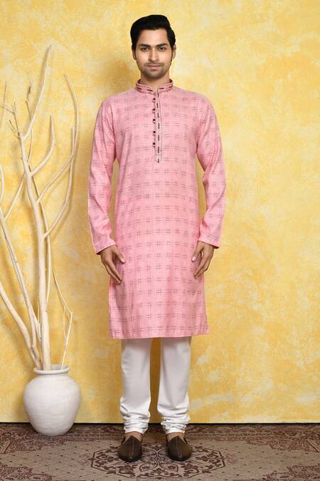 Buy_Arihant Rai Sinha_Pink Cotton Embroidery Checkered Print Kurta And Churidar Set _Online_at_Aza_Fashions