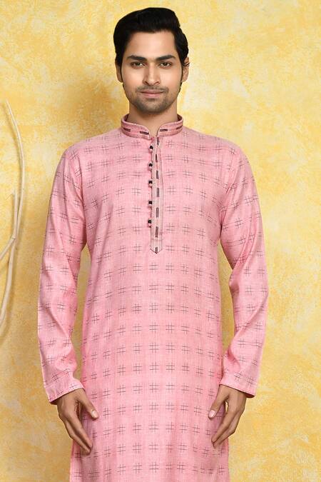 Shop Arihant Rai Sinha Pink Cotton Embroidery Checkered Print Kurta And Churidar Set Online at Aza Fashions Shop_Arihant Rai Sinha_Pink Cotton Embroidery Checkered Print Kurta And Churidar Set _Online_at_Aza_Fashions