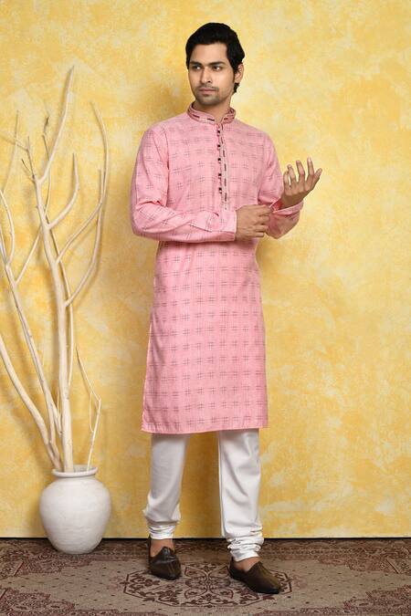 Arihant Rai Sinha_Pink Cotton Embroidery Checkered Print Kurta And Churidar Set _at_Aza_Fashions