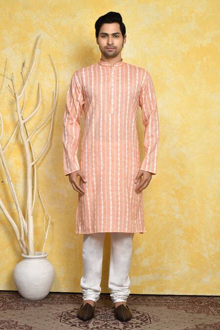 Buy_Arihant Rai Sinha_Orange Cotton Stripe Print Kurta And Churidar Set _Online_at_Aza_Fashions