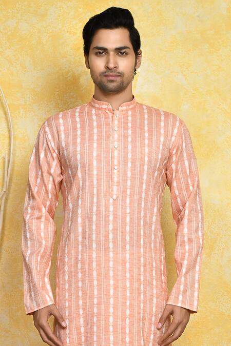 Shop_Arihant Rai Sinha_Orange Cotton Stripe Print Kurta And Churidar Set _Online_at_Aza_Fashions