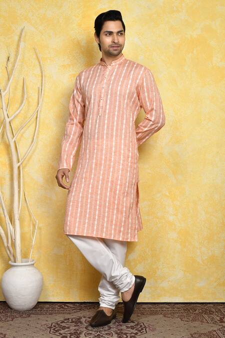 Arihant Rai Sinha_Orange Cotton Stripe Print Kurta And Churidar Set _at_Aza_Fashions