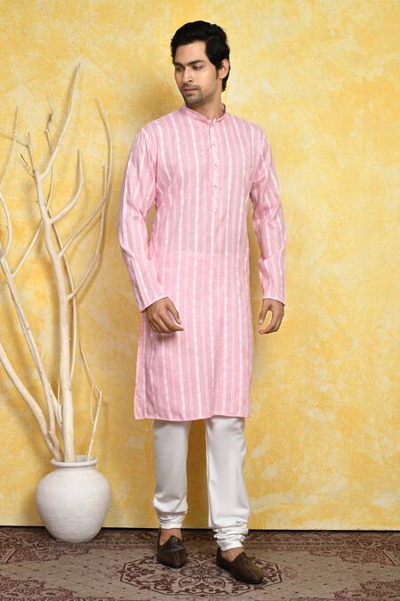 Arihant Rai Sinha_Pink Cotton Hexagon Stripe Print Kurta Set _at_Aza_Fashions