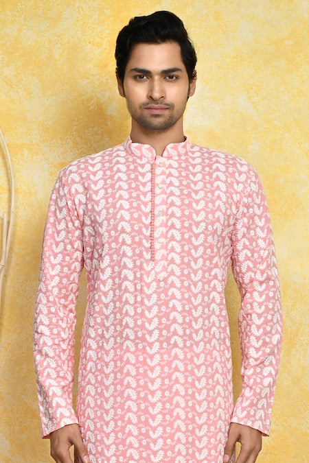 Shop_Arihant Rai Sinha_Pink Cotton Embroidery Paisley Kurta Set _Online_at_Aza_Fashions