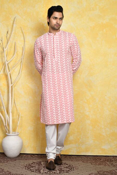 Arihant Rai Sinha_Pink Cotton Embroidery Paisley Kurta Set _at_Aza_Fashions