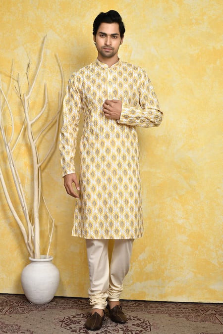 Arihant Rai Sinha Yellow , Satin Embroidery Ikat Print Kurta Set 