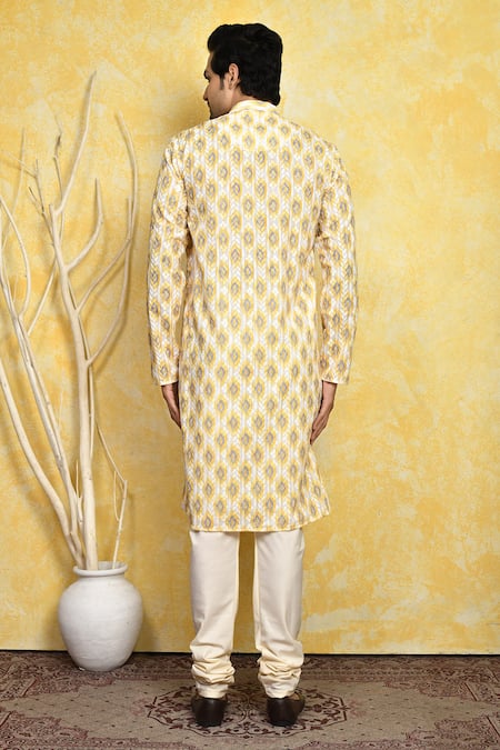 Shop_Arihant Rai Sinha_Yellow , Satin Embroidery Ikat Print Kurta Set _at_Aza_Fashions