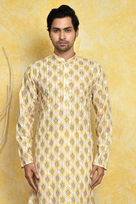 Shop Arihant Rai Sinha Yellow , Satin Embroidery Ikat Print Kurta Set Online at Aza Fashions Shop_Arihant Rai Sinha_Yellow , Satin Embroidery Ikat Print Kurta Set _Online_at_Aza_Fashions