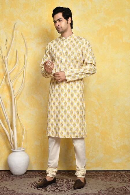 Arihant Rai Sinha_Yellow , Satin Embroidery Ikat Print Kurta Set _at_Aza_Fashions
