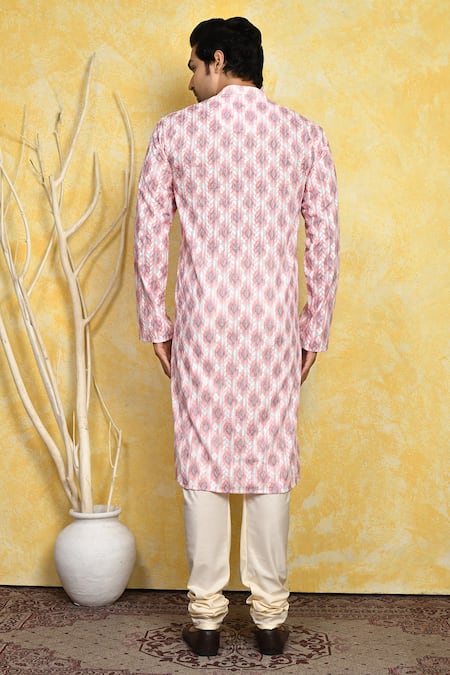 Shop_Arihant Rai Sinha_Pink Cotton Embroidery Ikat Pattern Kurta Set _at_Aza_Fashions