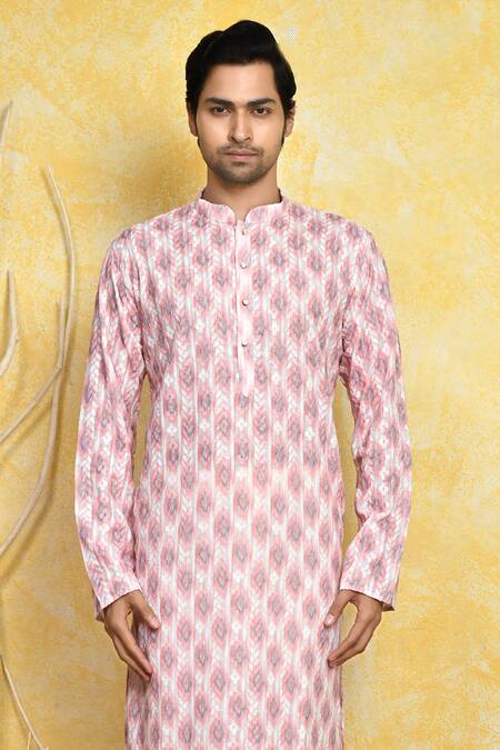 Shop Arihant Rai Sinha Pink Cotton Embroidery Ikat Pattern Kurta Set Online at Aza Fashions Shop_Arihant Rai Sinha_Pink Cotton Embroidery Ikat Pattern Kurta Set _Online_at_Aza_Fashions
