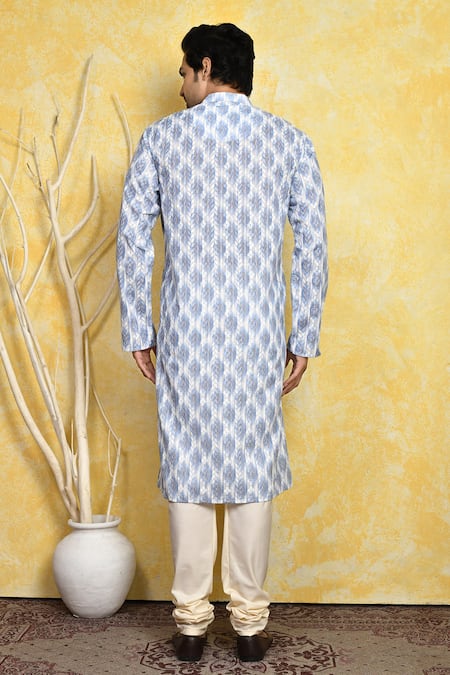 Shop_Arihant Rai Sinha_Blue Cotton Embroidery Ikat Print Kurta Set _at_Aza_Fashions