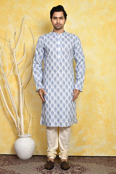 Buy_Arihant Rai Sinha_Blue Cotton Embroidery Ikat Print Kurta Set _Online_at_Aza_Fashions