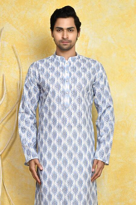 Shop Arihant Rai Sinha Blue Cotton Embroidery Ikat Print Kurta Set Online at Aza Fashions Shop_Arihant Rai Sinha_Blue Cotton Embroidery Ikat Print Kurta Set _Online_at_Aza_Fashions