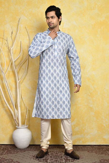Arihant Rai Sinha_Blue Cotton Embroidery Ikat Print Kurta Set _at_Aza_Fashions