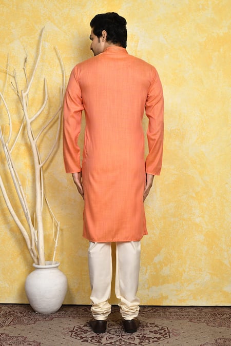 Shop_Arihant Rai Sinha_Orange Cotton, Silk Embroidery Collar Kurta Set _at_Aza_Fashions