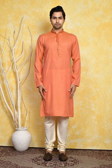 Buy_Arihant Rai Sinha_Orange Cotton, Silk Embroidery Collar Kurta Set _Online_at_Aza_Fashions
