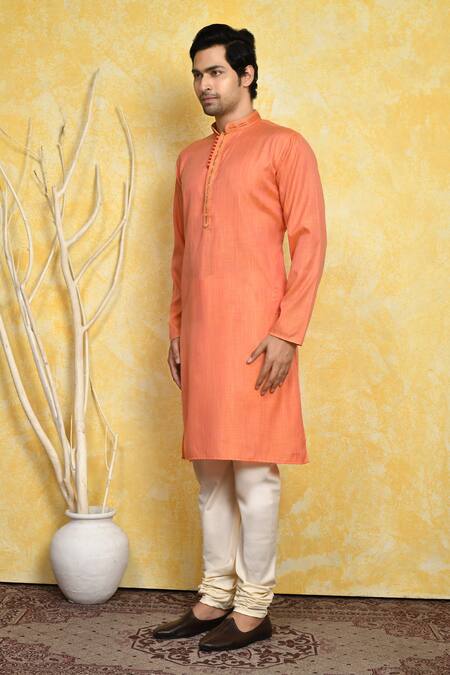 Shop_Arihant Rai Sinha_Orange Cotton, Silk Embroidery Collar Kurta Set _Online_at_Aza_Fashions