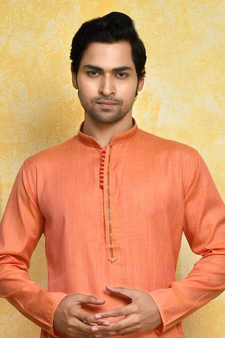 Arihant Rai Sinha_Orange Cotton, Silk Embroidery Collar Kurta Set _at_Aza_Fashions