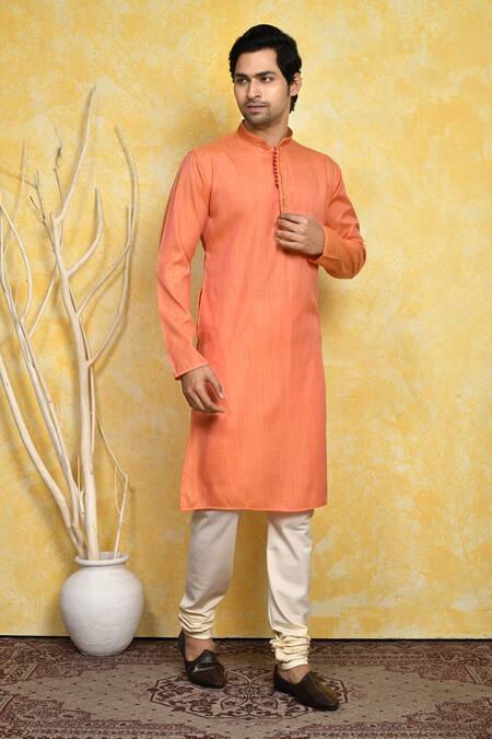 Buy_Arihant Rai Sinha_Orange Cotton, Silk Embroidery Collar Kurta Set 