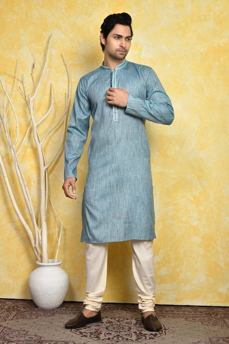 Buy_Arihant Rai Sinha_Blue Cotton, Silk Embroidery Placement Kurta Set _at_Aza_Fashions