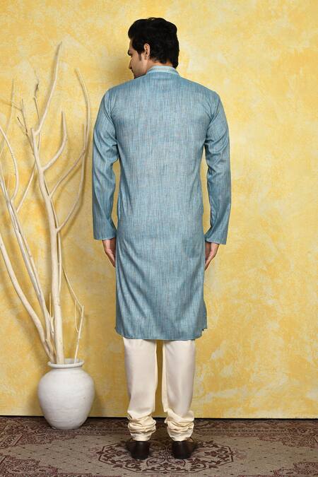 Shop_Arihant Rai Sinha_Blue Cotton, Silk Embroidery Placement Kurta Set _at_Aza_Fashions