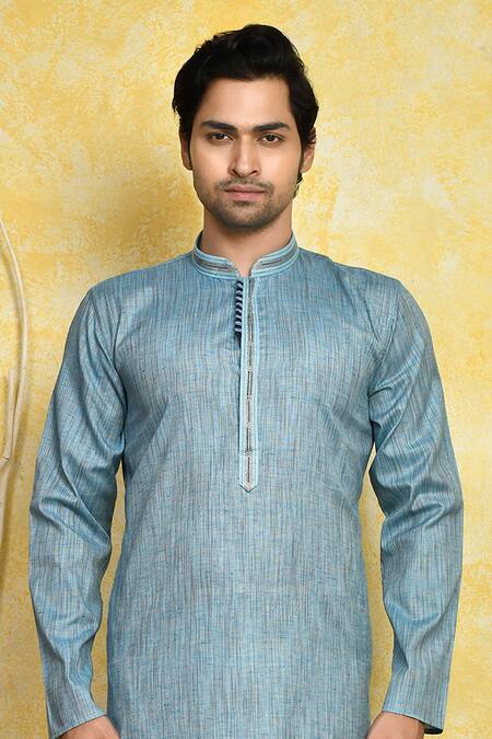 Buy_Arihant Rai Sinha_Blue Cotton, Silk Embroidery Placement Kurta Set _Online_at_Aza_Fashions