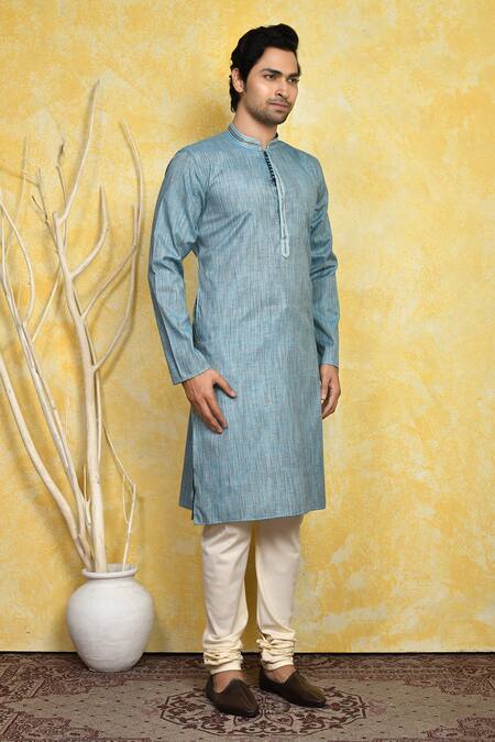Shop_Arihant Rai Sinha_Blue Cotton, Silk Embroidery Placement Kurta Set _Online_at_Aza_Fashions