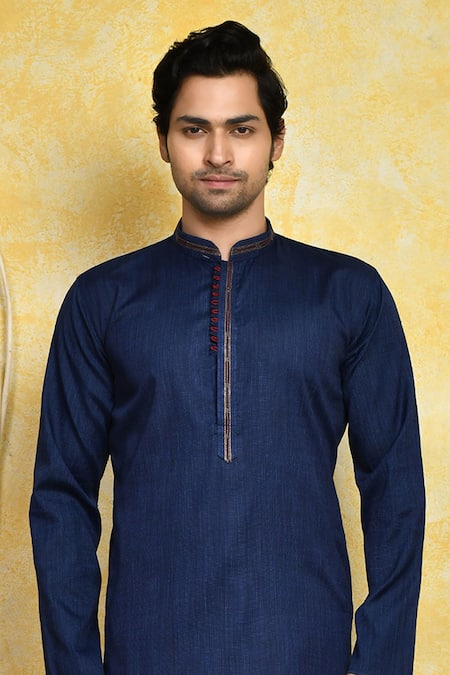 Buy_Arihant Rai Sinha_Blue Cotton, Silk Embroidery Placket Kurta Set _Online_at_Aza_Fashions
