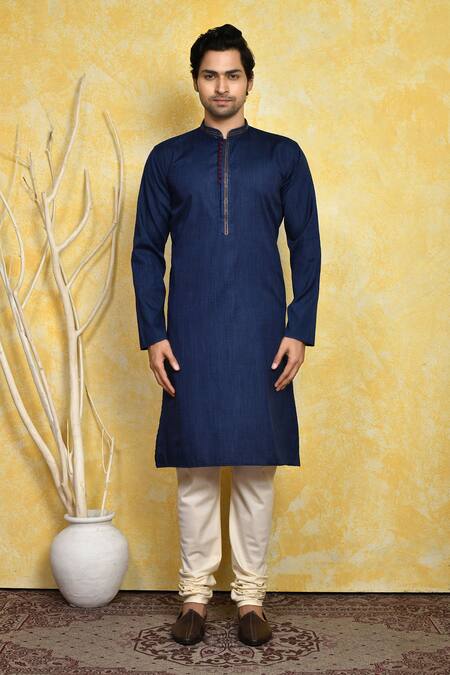 Shop_Arihant Rai Sinha_Blue Cotton, Silk Embroidery Placket Kurta Set _Online_at_Aza_Fashions