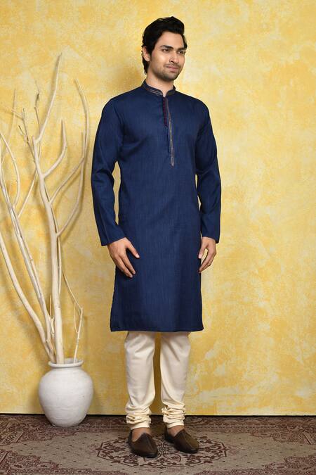 Arihant Rai Sinha_Blue Cotton, Silk Embroidery Placket Kurta Set _at_Aza_Fashions