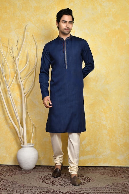 Buy_Arihant Rai Sinha_Blue Cotton, Silk Embroidery Placket Kurta Set 