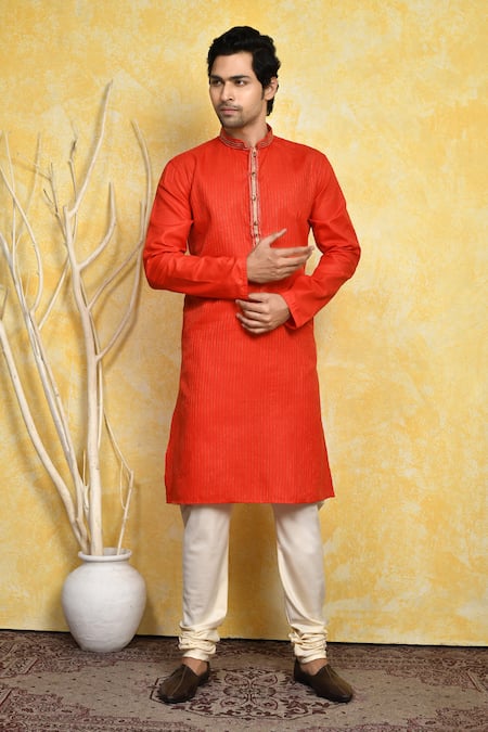 Arihant Rai Sinha Orange Kurta Cotton Embroidery Resham And Churidar Set