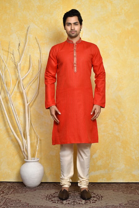 Buy_Arihant Rai Sinha_Orange Cotton Embroidery Resham Kurta And Churidar Set _Online_at_Aza_Fashions