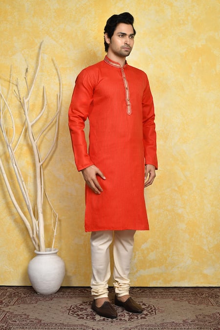 Shop_Arihant Rai Sinha_Orange Cotton Embroidery Resham Kurta And Churidar Set _Online_at_Aza_Fashions