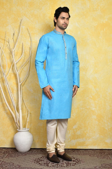 Shop_Arihant Rai Sinha_Blue Cotton Embroidery Resham Work Kurta Set _Online_at_Aza_Fashions