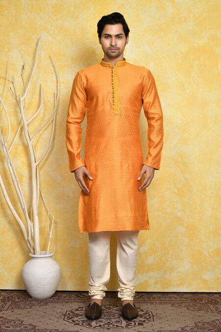 Buy_Arihant Rai Sinha_Orange Cotton, Silk Embroidery Resham Woven Kurta Set _Online_at_Aza_Fashions