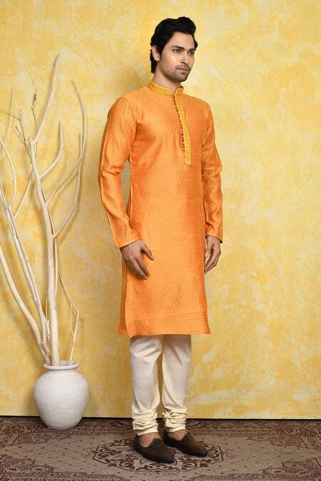 Shop_Arihant Rai Sinha_Orange Cotton, Silk Embroidery Resham Woven Kurta Set _Online_at_Aza_Fashions