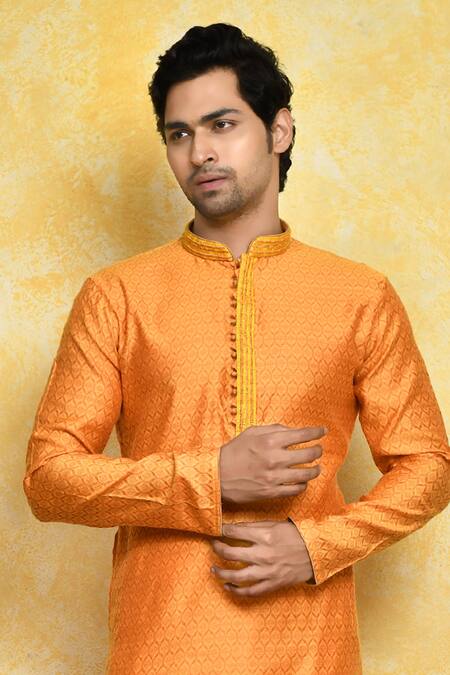 Arihant Rai Sinha_Orange Cotton, Silk Embroidery Resham Woven Kurta Set _at_Aza_Fashions